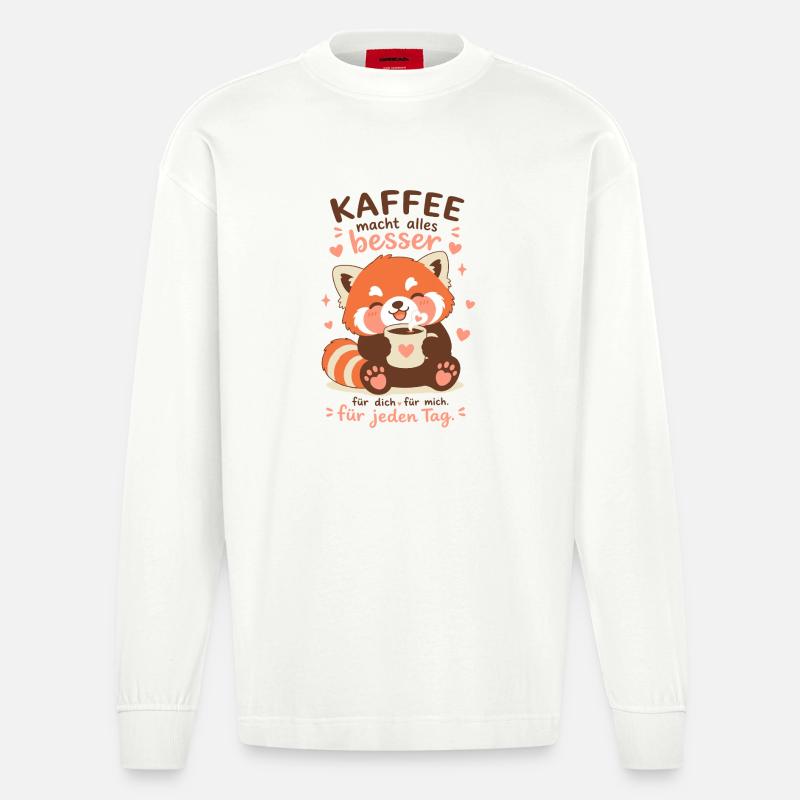 Roter Panda mit Kaffee - Heavyweight Oversized Organic Langarmshirt Made in EU - OFF WHITE