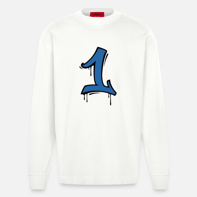 Graffiti Eins Neonblau - Heavyweight Oversized Organic Langarmshirt Made in EU - OFF WHITE