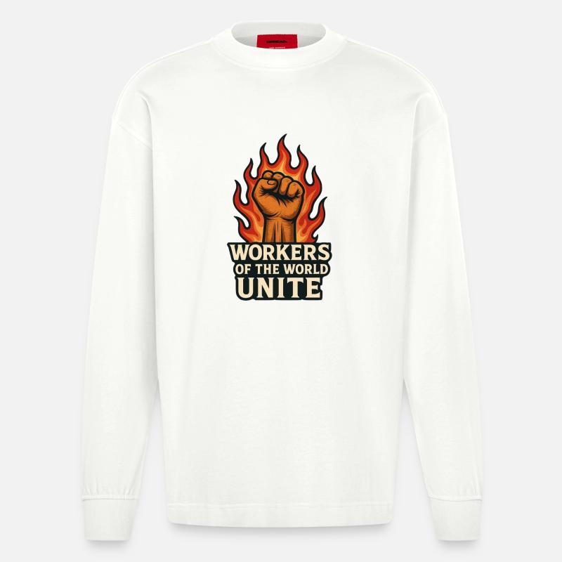 Fäuste und Flammen – Arbeiterwelt Unite - Heavyweight Oversized Organic Langarmshirt Made in EU - OFF WHITE