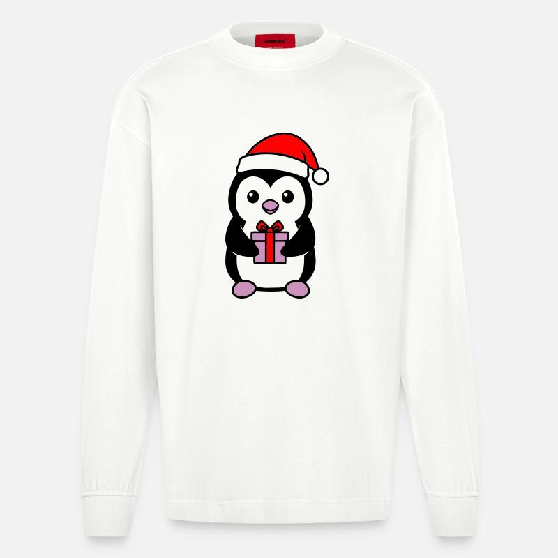 Süßer Weihnachts-Pinguin mit Geschenk - Heavyweight Oversized Organic Langarmshirt Made in EU - OFF WHITE