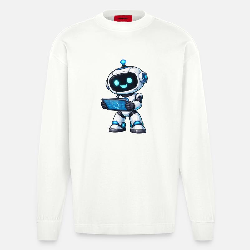 Kleiner Roboter mit Tablet - Heavyweight Oversized Organic Langarmshirt Made in EU - OFF WHITE