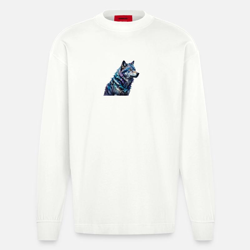 Wasserfarbener Wolf - Heavyweight Oversized Organic Langarmshirt Made in EU - OFF WHITE