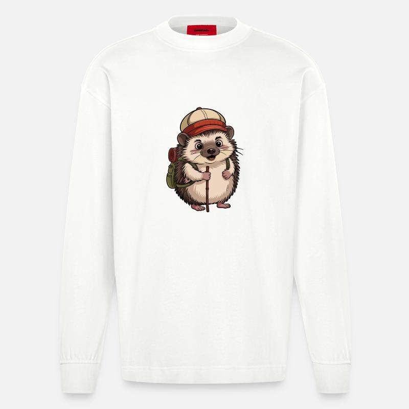 Igel mit Rucksack auf Wanderschaft - Heavyweight Oversized Organic Langarmshirt Made in EU - OFF WHITE