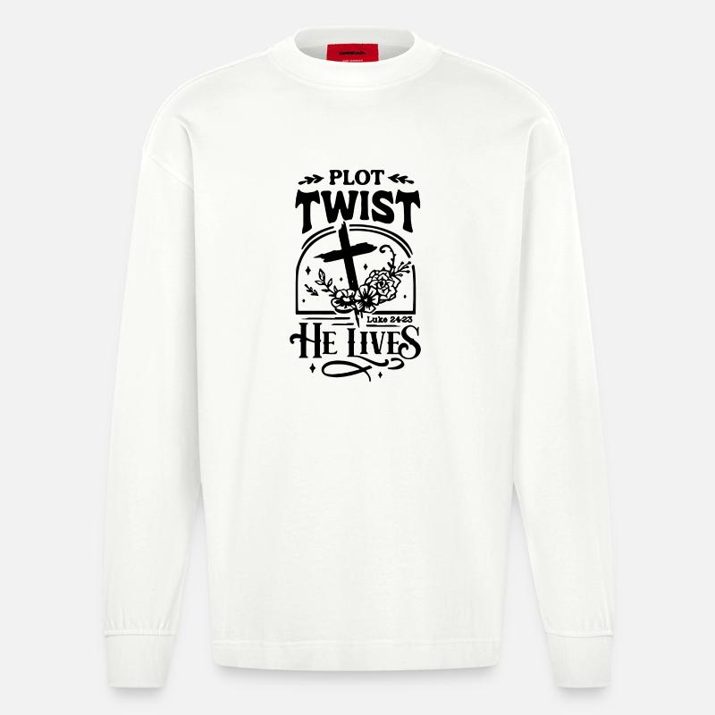 Plot Twist: Er lebt Ostern Christ - Heavyweight Oversized Organic Langarmshirt Made in EU - OFF WHITE