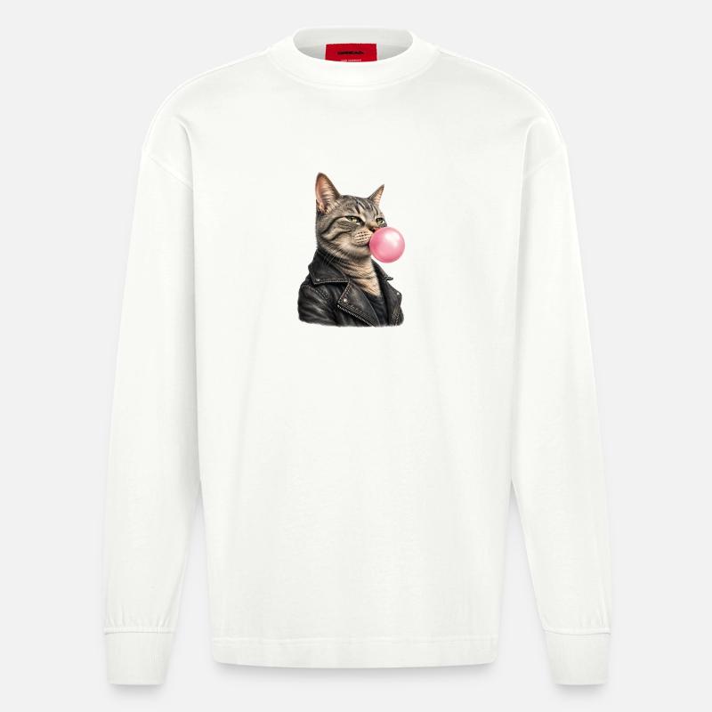Coole Katze mit Lederjacke - Heavyweight Oversized Organic Langarmshirt Made in EU - OFF WHITE