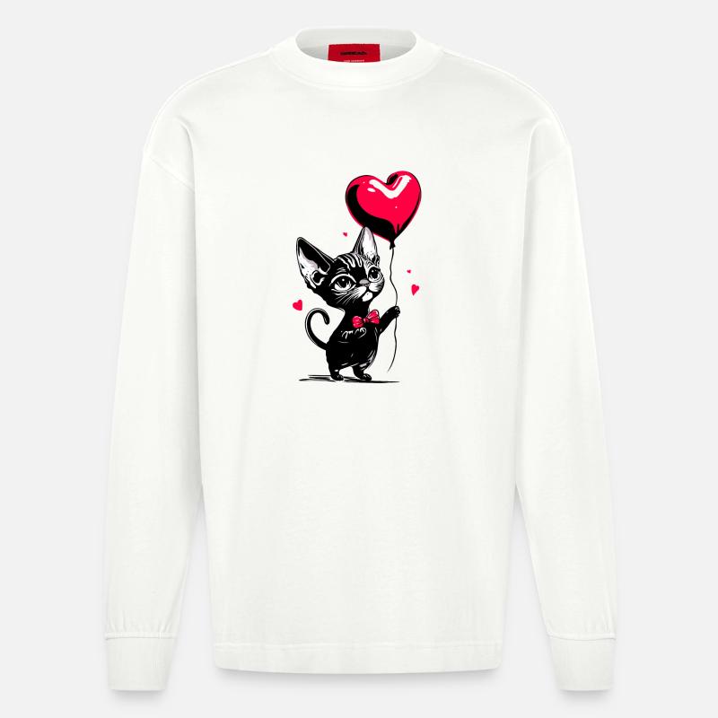 Katze Sphynx Herz Luftballon - Heartful Creatures - Heavyweight Oversized Organic Langarmshirt Made in EU - OFF WHITE