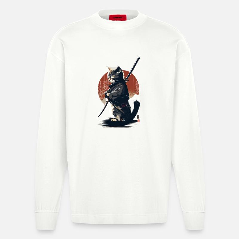 Kawaii Neko Samurai : Katzen-Samurai - Heavyweight Oversized Organic Langarmshirt Made in EU - OFF WHITE