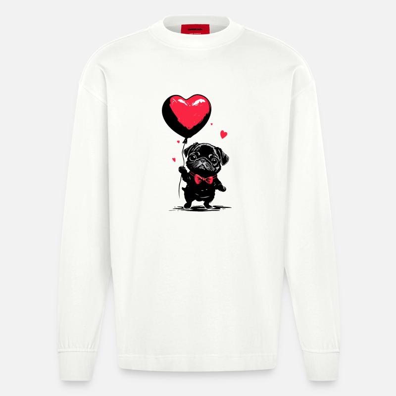 Mops mit Herz Luftballon - Heartful Creatures - Heavyweight Oversized Organic Langarmshirt Made in EU - OFF WHITE