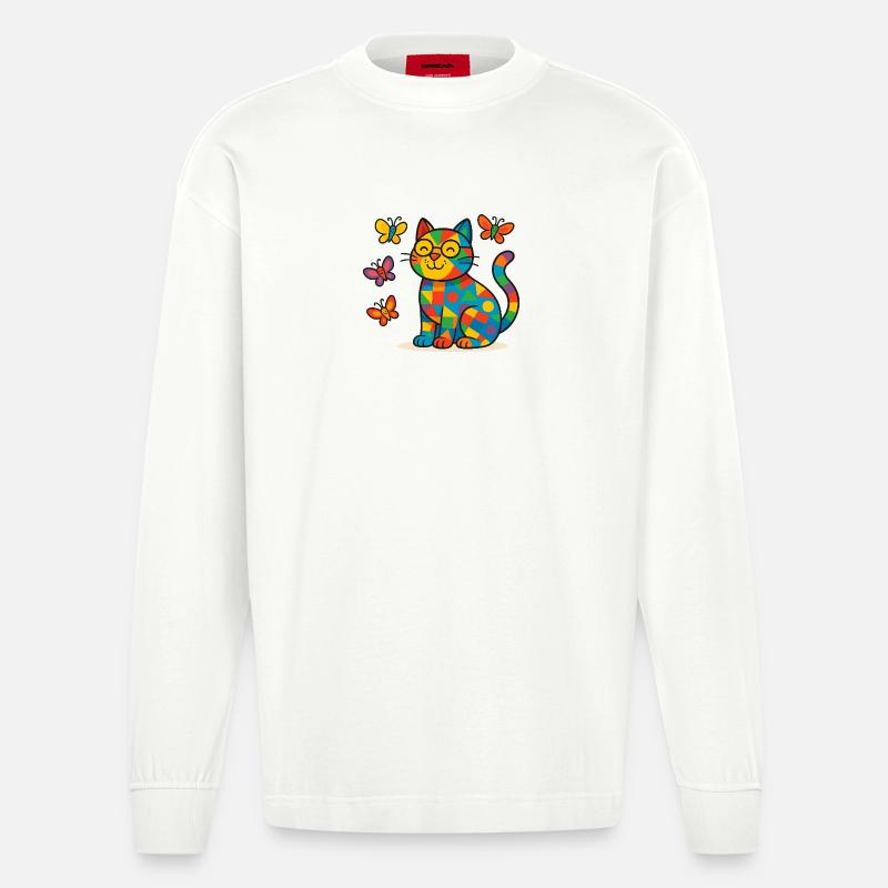 Patchwork-Katze mit bunten Schmetterlingen - Heavyweight Oversized Organic Langarmshirt Made in EU - OFF WHITE