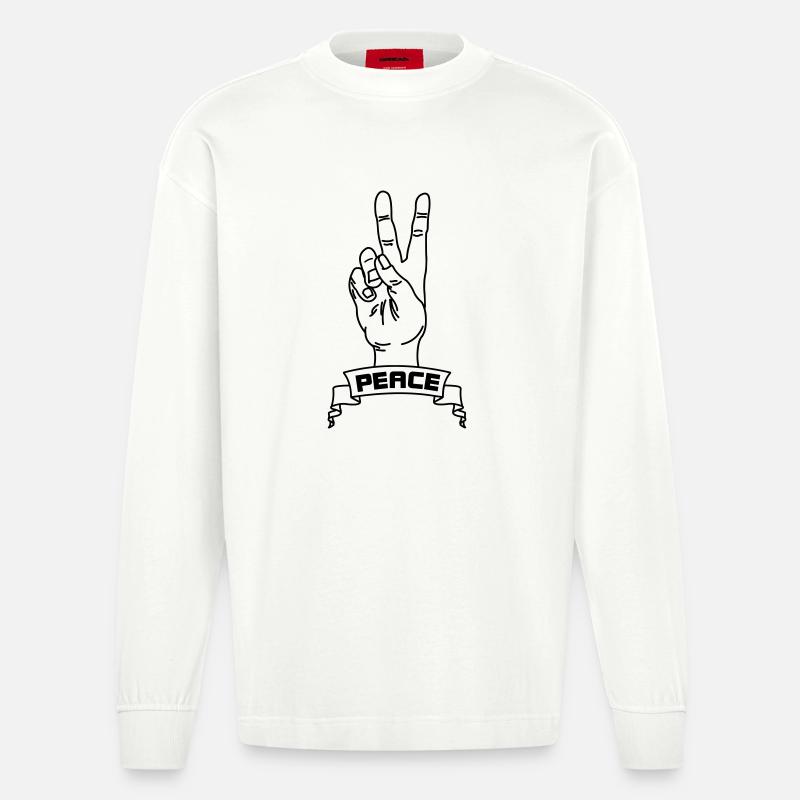 Handgesten Frieden mit Friedenstext - Heavyweight Oversized Organic Langarmshirt Made in EU - OFF WHITE