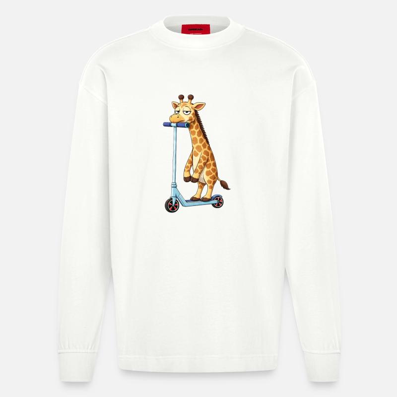 Süße Giraffe Roller Scooter Freundschaft Cartoon - Heavyweight Oversized Organic Langarmshirt Made in EU - OFF WHITE