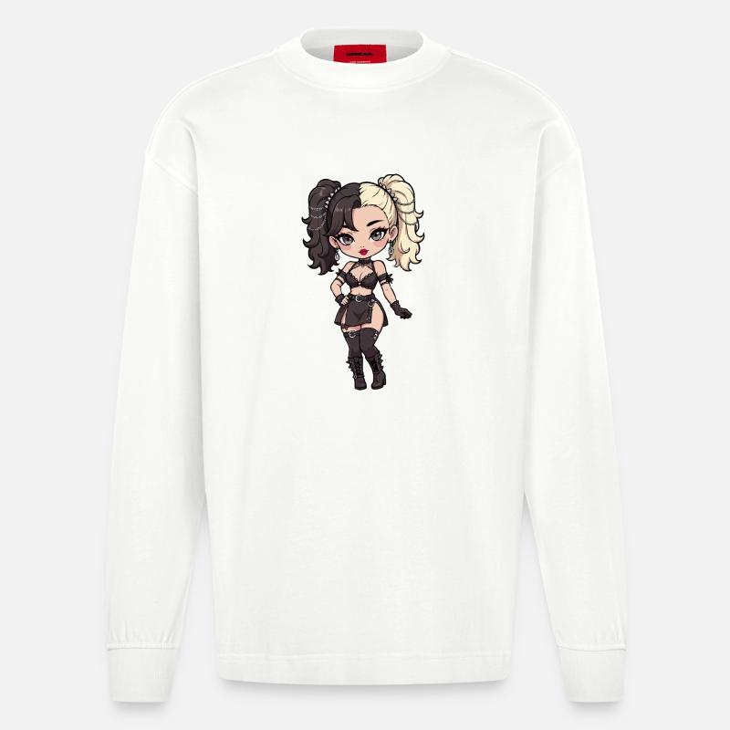 Gotische Chibi-Diva mit zweifarbigem Haar - Heavyweight Oversized Organic Langarmshirt Made in EU - OFF WHITE