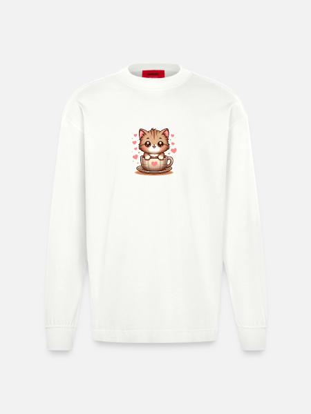 Katze mit Kaffeebecher 2 - Heavyweight Oversized Organic Langarmshirt Made in EU - OFF WHITE