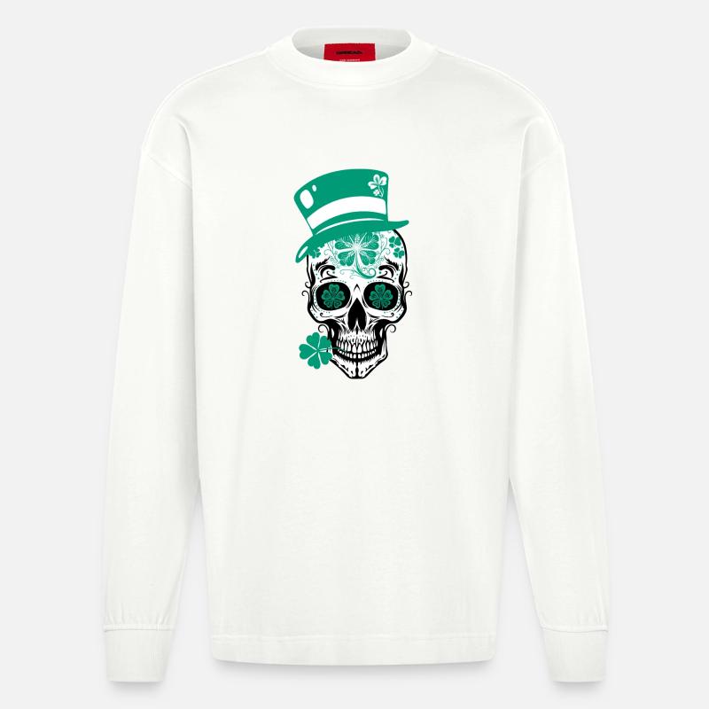 Sugar Skull Totenschädel St Patricks Day - Heavyweight Oversized Organic Langarmshirt Made in EU - OFF WHITE