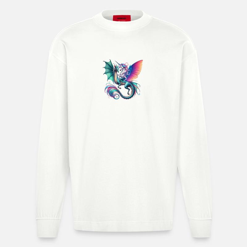 Regenbogen Drachen EInhorn Fusion - Heavyweight Oversized Organic Langarmshirt Made in EU - OFF WHITE