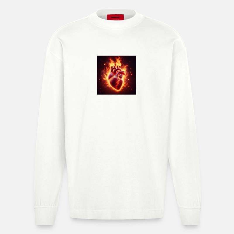 Brennendes Herz Design - Heavyweight Oversized Organic Langarmshirt Made in EU - OFF WHITE