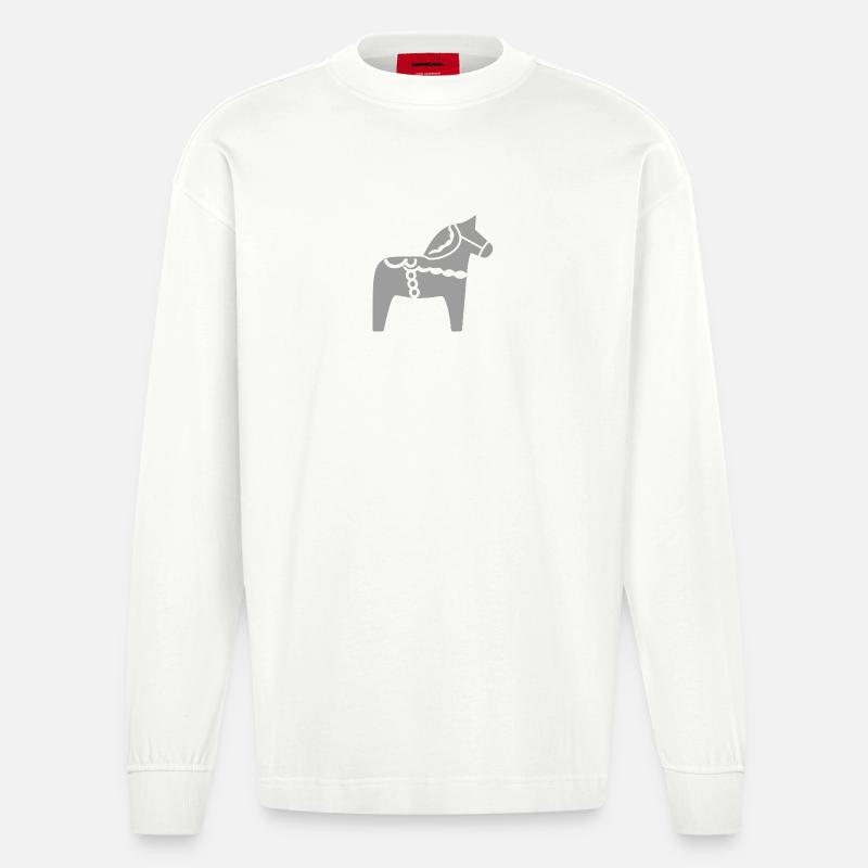 Skandinavisches Dala Pferd – Folklore Design - Heavyweight Oversized Organic Langarmshirt Made in EU - OFF WHITE