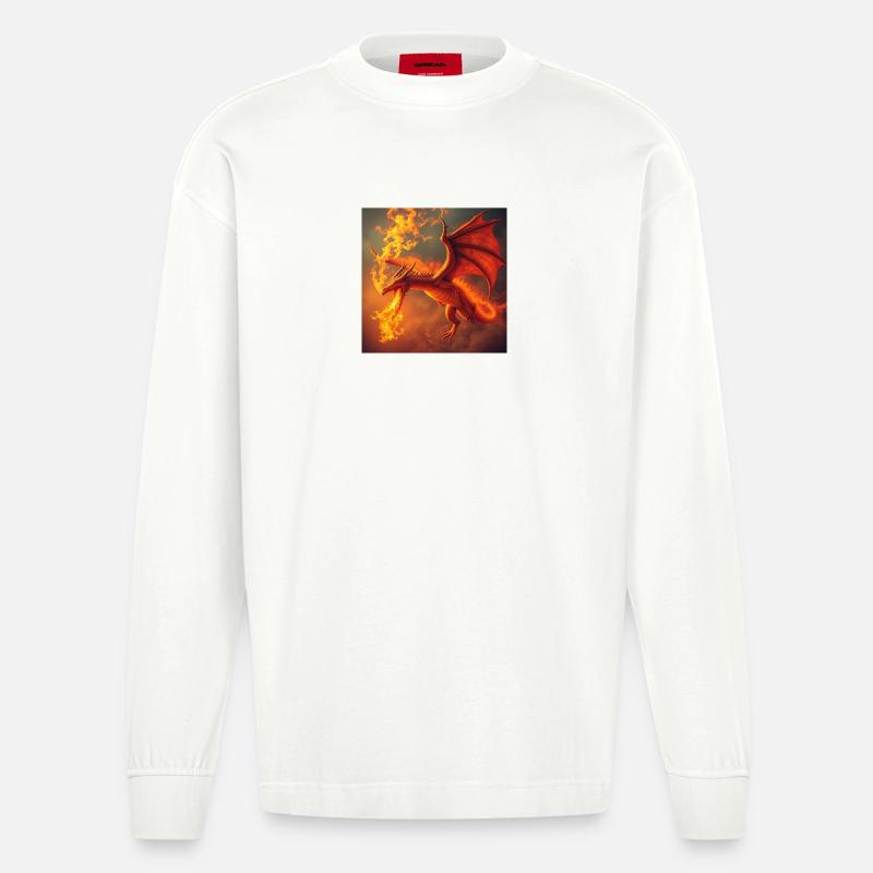 Fire Dragon in the Flame Tail - Heavyweight Oversized Organic Longsleeve Shirt Made in EU - OFF WHITE