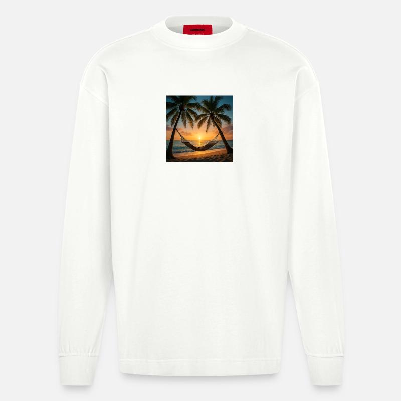Vacation - Palmen - Hängematte - Heavyweight Oversized Organic Langarmshirt Made in EU - OFF WHITE