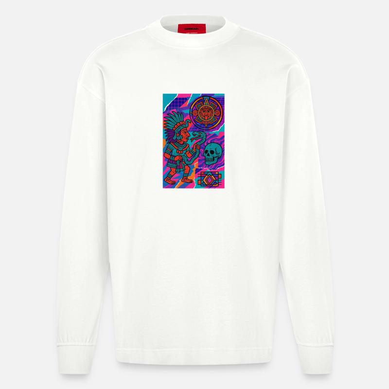 Aztekischer Krieger und Symbole - Heavyweight Oversized Organic Langarmshirt Made in EU - OFF WHITE