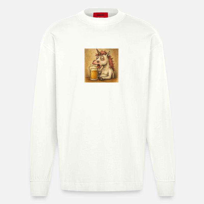 Einhorn Biertrinker Illustration - Heavyweight Oversized Organic Langarmshirt Made in EU - OFF WHITE