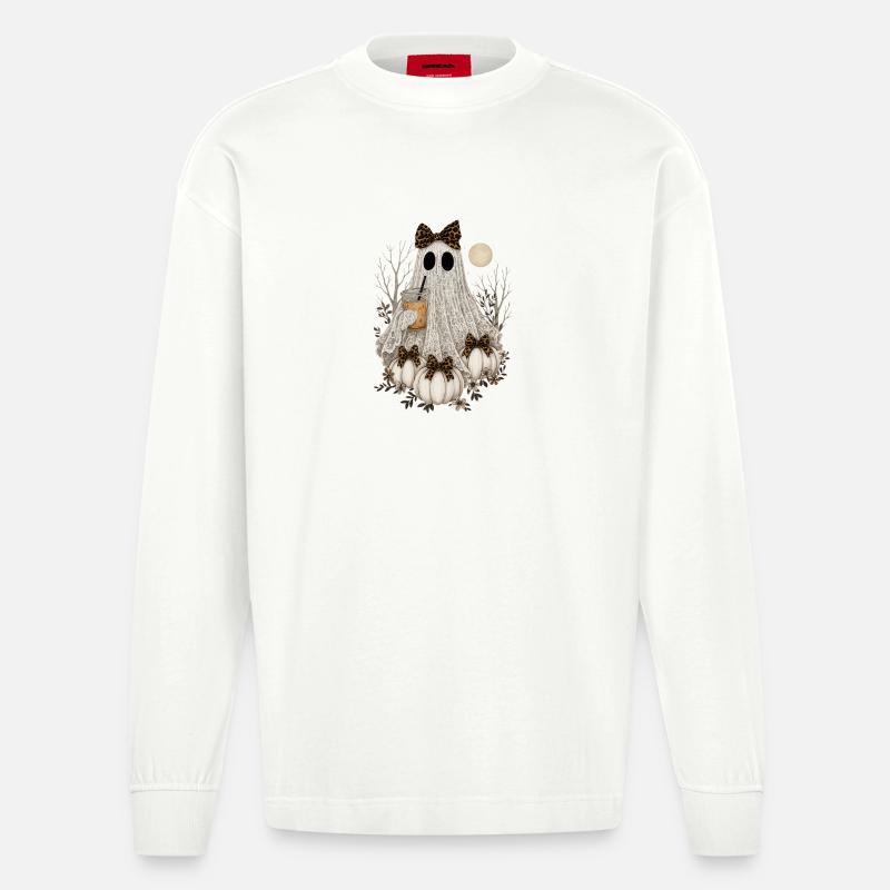 Süßer Spitzengeist, Halloween-Geist, Kürbis, Kaffee - Heavyweight Oversized Organic Langarmshirt Made in EU - OFF WHITE