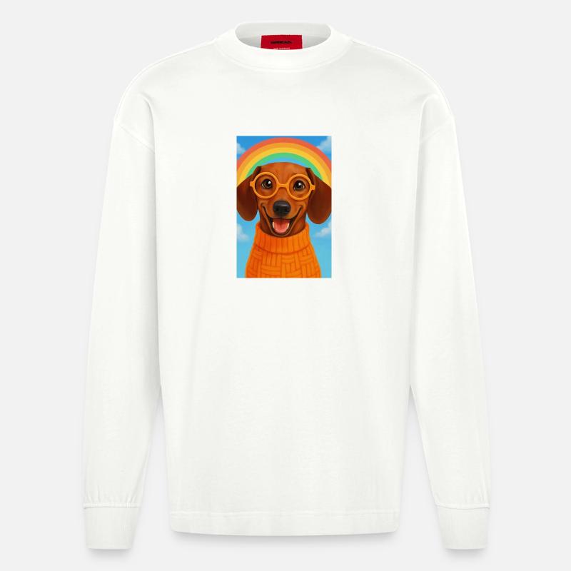 Glücklicher Hund mit Brille und Regenbogen - Heavyweight Oversized Organic Langarmshirt Made in EU - OFF WHITE