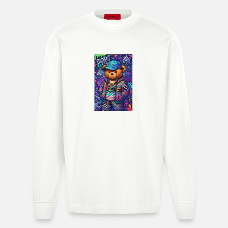 Bär im urbanen Retro-Modus - Heavyweight Oversized Organic Langarmshirt Made in EU - OFF WHITE
