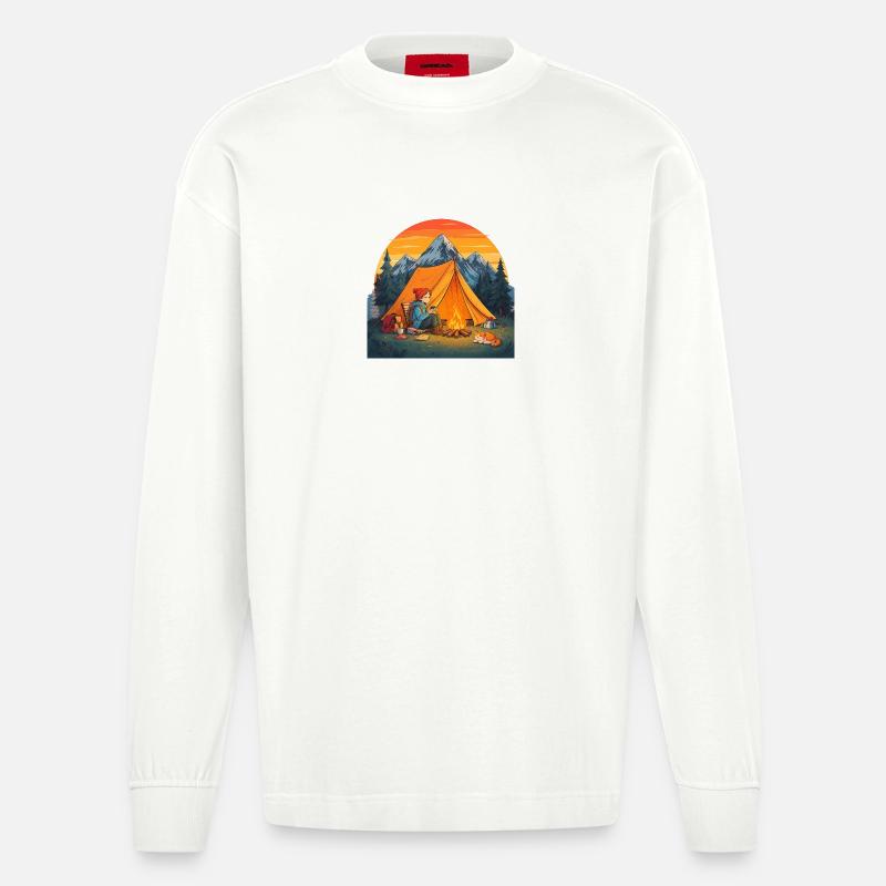 Camping mit Katze - Heavyweight Oversized Organic Langarmshirt Made in EU - OFF WHITE