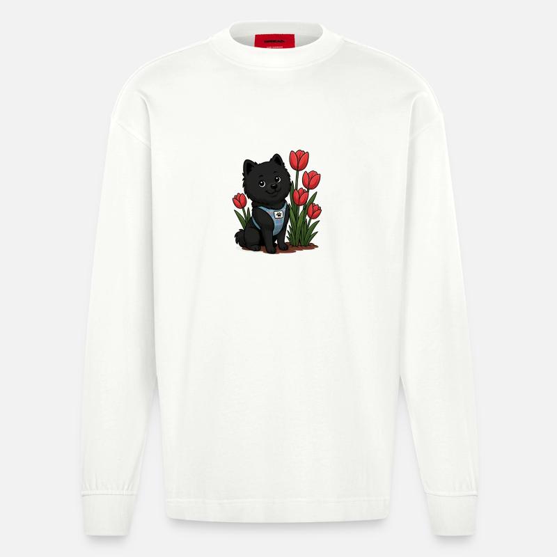 Süßer Spitz Hund mit Tulpen - Heavyweight Oversized Organic Langarmshirt Made in EU - OFF WHITE