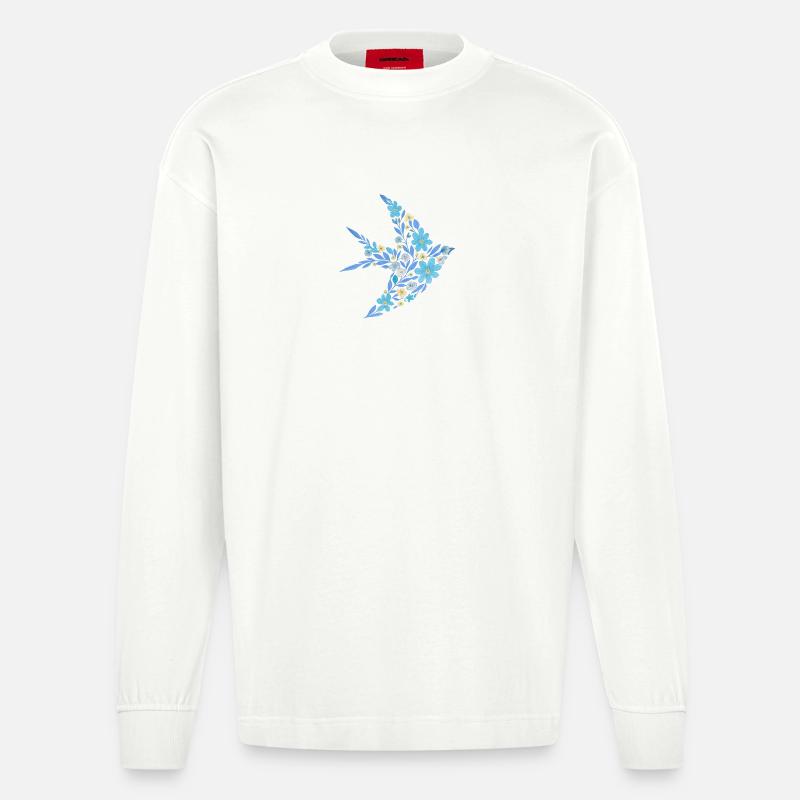 Nordisch Floral - Hellblauer Vogel - Heavyweight Oversized Organic Langarmshirt Made in EU - OFF WHITE