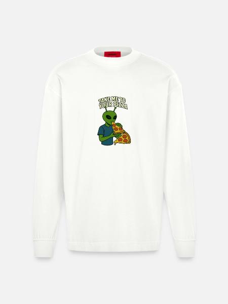 Alien Pizza T-Shirt Design with Slogan  - Heavyweight Oversized Organic Longsleeve Shirt Made in EU - OFF WHITE