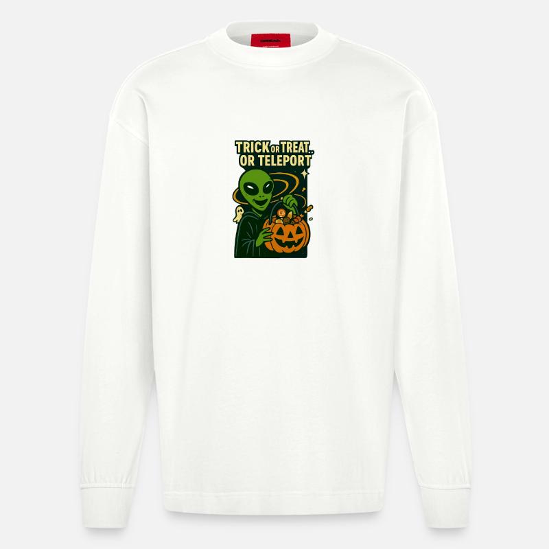 Alien Halloween T-Shirt – Süßes oder Saures... oder... - Heavyweight Oversized Organic Langarmshirt Made in EU - OFF WHITE