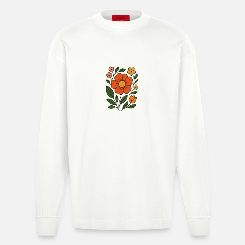 Rustikale botanische Blume Illustration - Heavyweight Oversized Organic Langarmshirt Made in EU - OFF WHITE