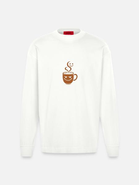 Fröhlicher Kaffeebecher mit Smileys - Heavyweight Oversized Organic Langarmshirt Made in EU - OFF WHITE