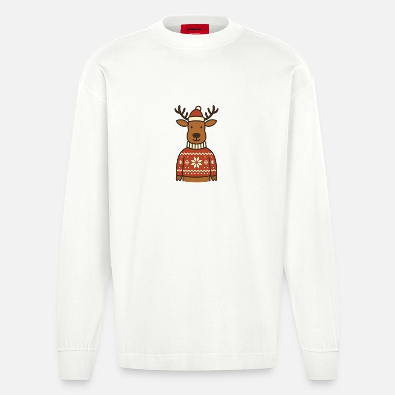 Lustiges Rentier im Norweger-Pullover - Heavyweight Oversized Organic Langarmshirt Made in EU - OFF WHITE