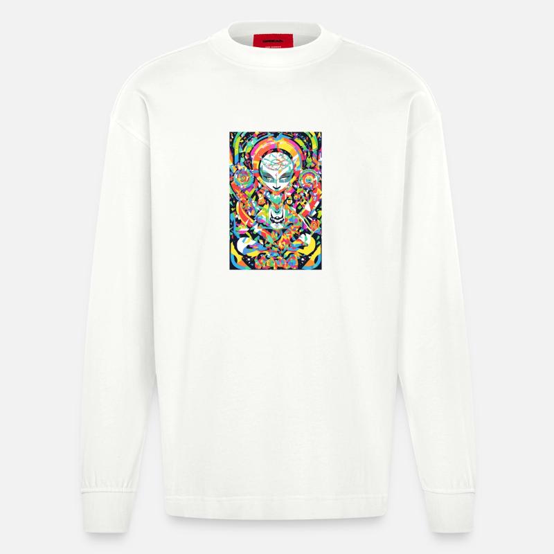 Psychedelisches Chakra & Katzenkunst - Heavyweight Oversized Organic Langarmshirt Made in EU - OFF WHITE
