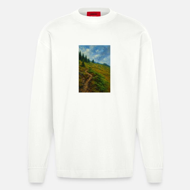 Landschaftliche Bergwanderung in Ölgemälde-Optik - Heavyweight Oversized Organic Langarmshirt Made in EU - OFF WHITE