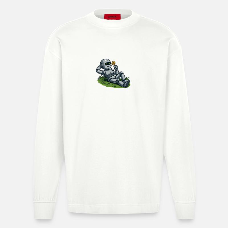 Robot avec fleur sur une pelouse - Manches longues bio épais oversize fabriqué en UE - OFF WHITE