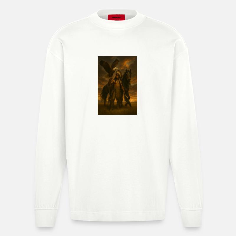 Indianerkrieger mit Adler und Pferd - Heavyweight Oversized Organic Langarmshirt Made in EU - OFF WHITE