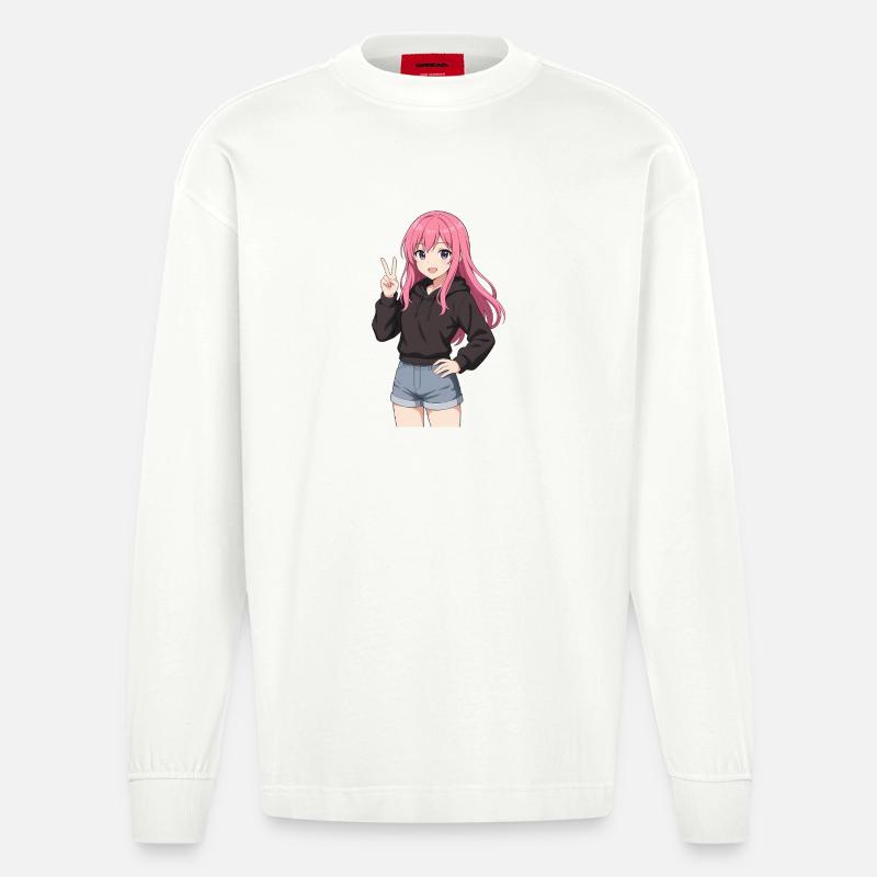 Anime-Mädchen mit rosa Kapuzenpullover - Heavyweight Oversized Organic Langarmshirt Made in EU - OFF WHITE