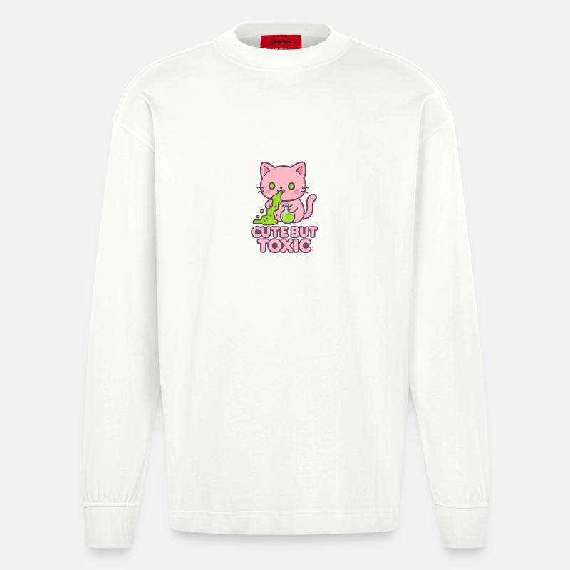 Giftige Kawaii-Katze - Heavyweight Oversized Organic Langarmshirt Made in EU - OFF WHITE