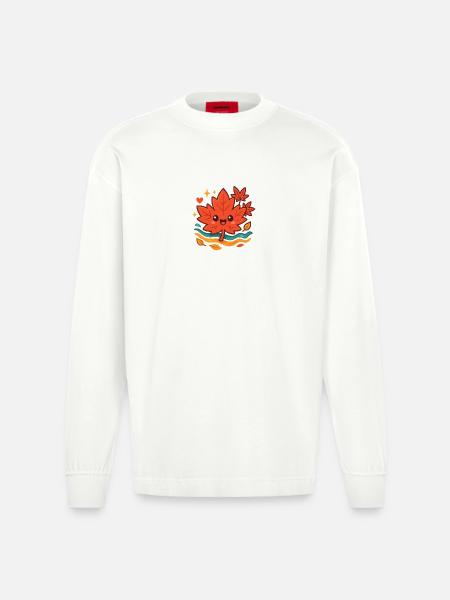 Cuddly Autumn Leaf Smile - Heavyweight Oversized Organic Longsleeve Shirt Made in EU - OFF WHITE