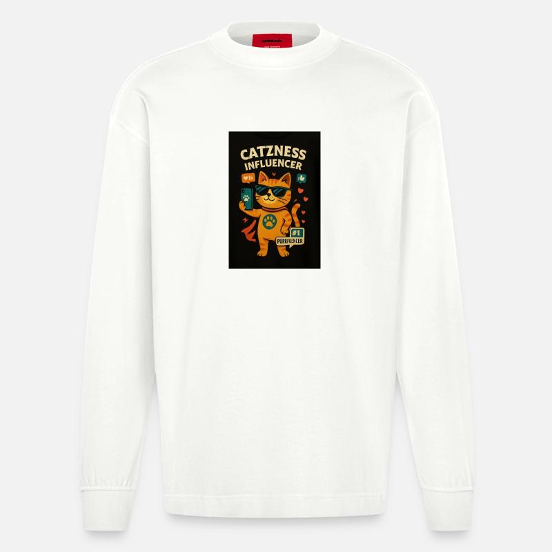 Katzinfluencer mit Sonnenbrille - Heavyweight Oversized Organic Langarmshirt Made in EU - OFF WHITE