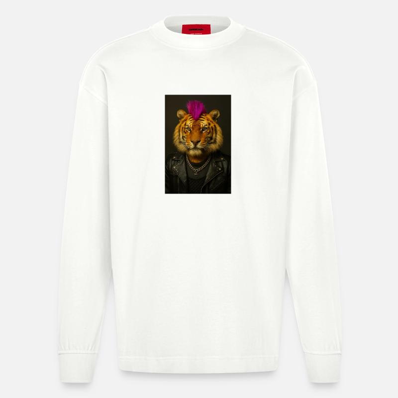 Tiger Punk Mohawk in Leather - Heavyweight Oversized Organic Langarmshirt Made in EU - OFF WHITE