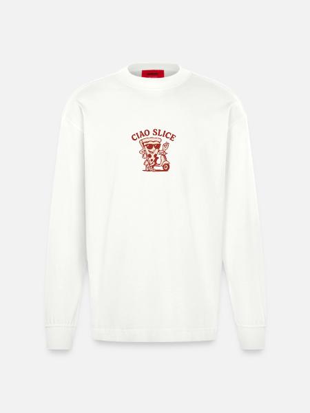 Ciao Slice – Retro Pizza Design Red Edition - Heavyweight Oversized Organic Longsleeve Shirt Made in EU - OFF WHITE