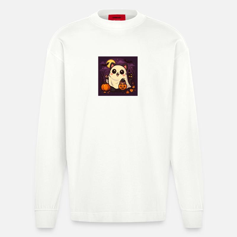 Kuschelige Halloween Geistkatze - Heavyweight Oversized Organic Langarmshirt Made in EU - OFF WHITE