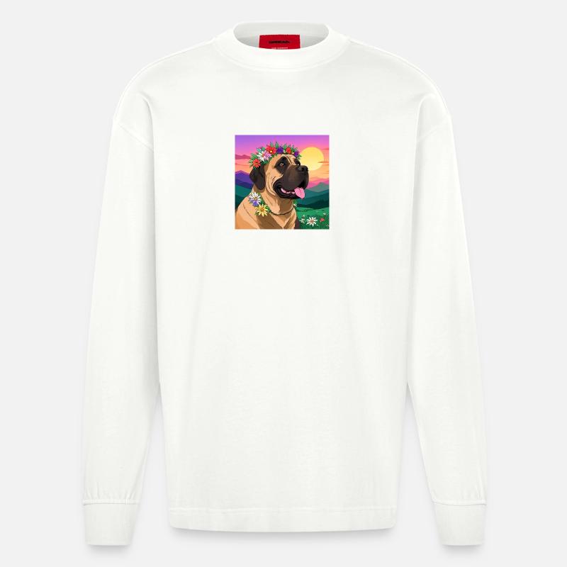 Mastiff mit Blumenkranz - Heavyweight Oversized Organic Langarmshirt Made in EU - OFF WHITE