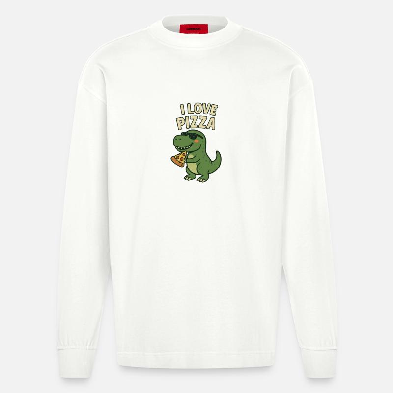 I Love Pizza Dino - Heavyweight Oversized Organic Langarmshirt Made in EU - OFF WHITE