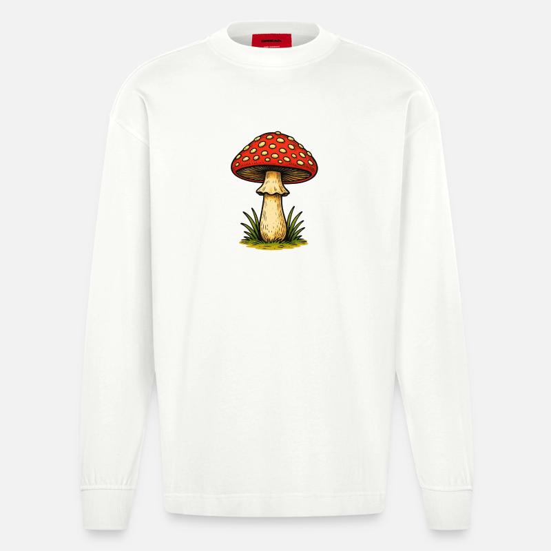 Red Toadstool Retro - Heavyweight Oversized Organic Longsleeve Shirt Made in EU - OFF WHITE